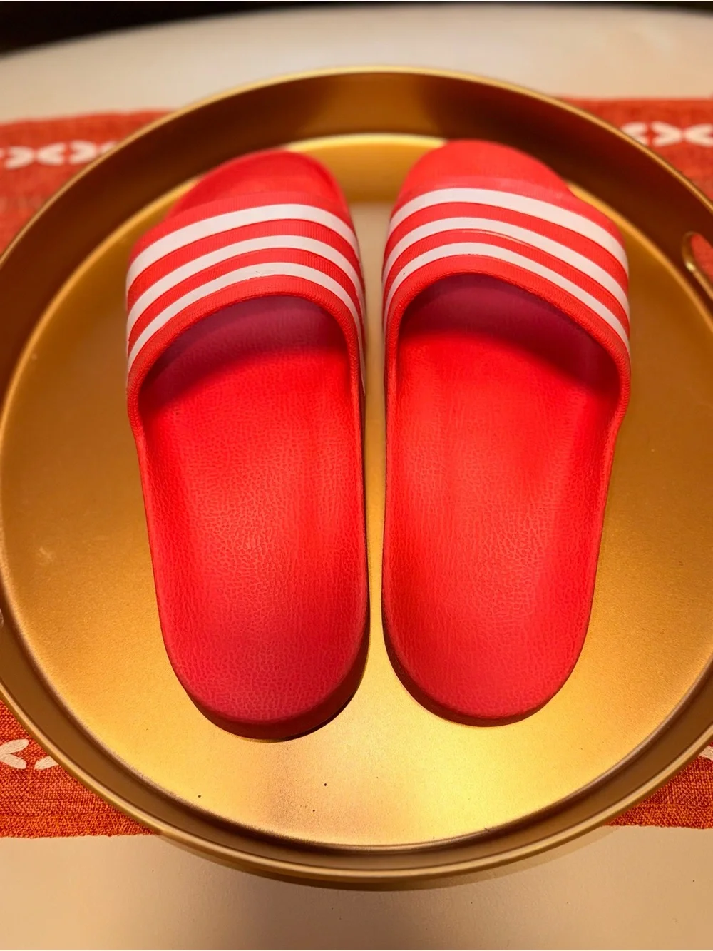 adidas Red Slides with White Stripe Detail